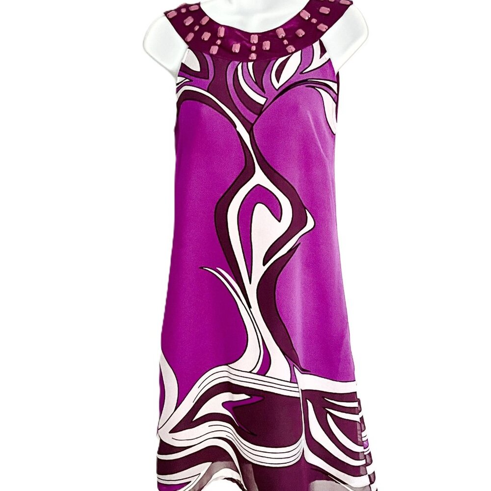 Peppercorn Silk Embellished Sheer Dress Purple Pink Print Size S